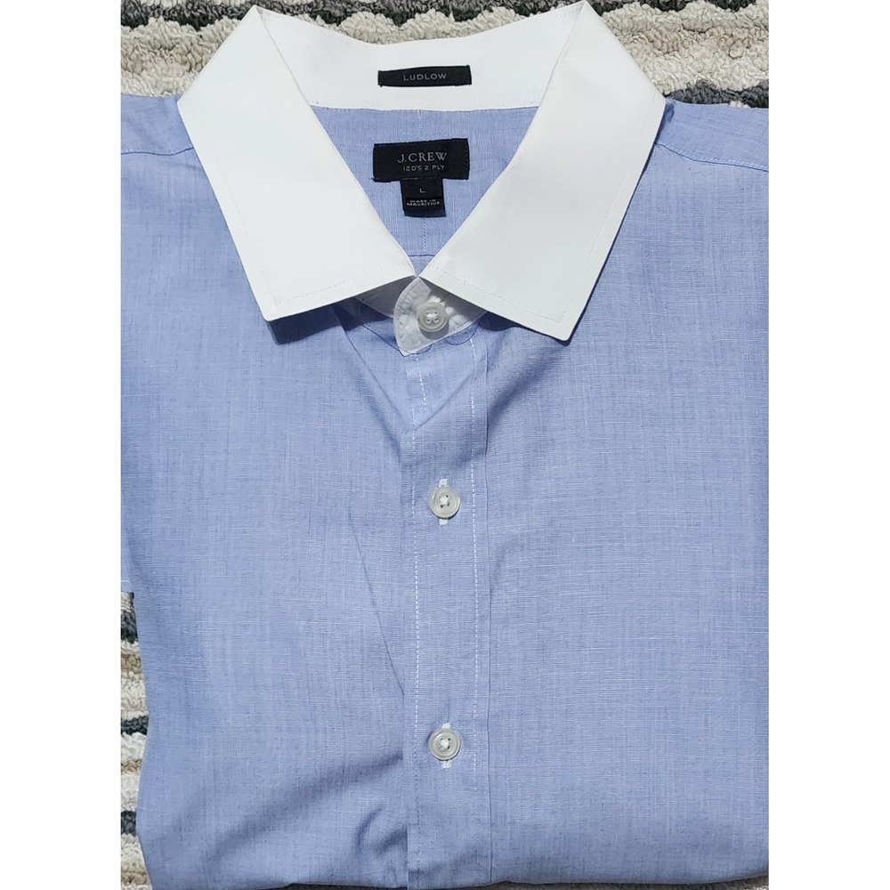 J. Crew Men's Blue White Contrast Collar 120's 2 Ply Cotton Shirt Size Large